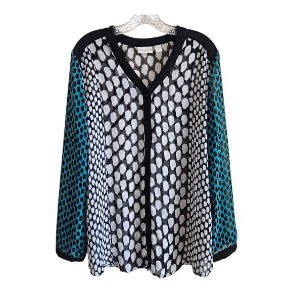 CHICO'S 2 Women's 12 14 Tunic Blouse Button Up Semi Sheer Mixed Patterns 42" - Picture 1 of 6
